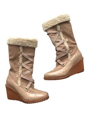 Nike Cole Haan Air Michelle Beige Suede Boots Lined Side Zip Lace Front Size 9.5